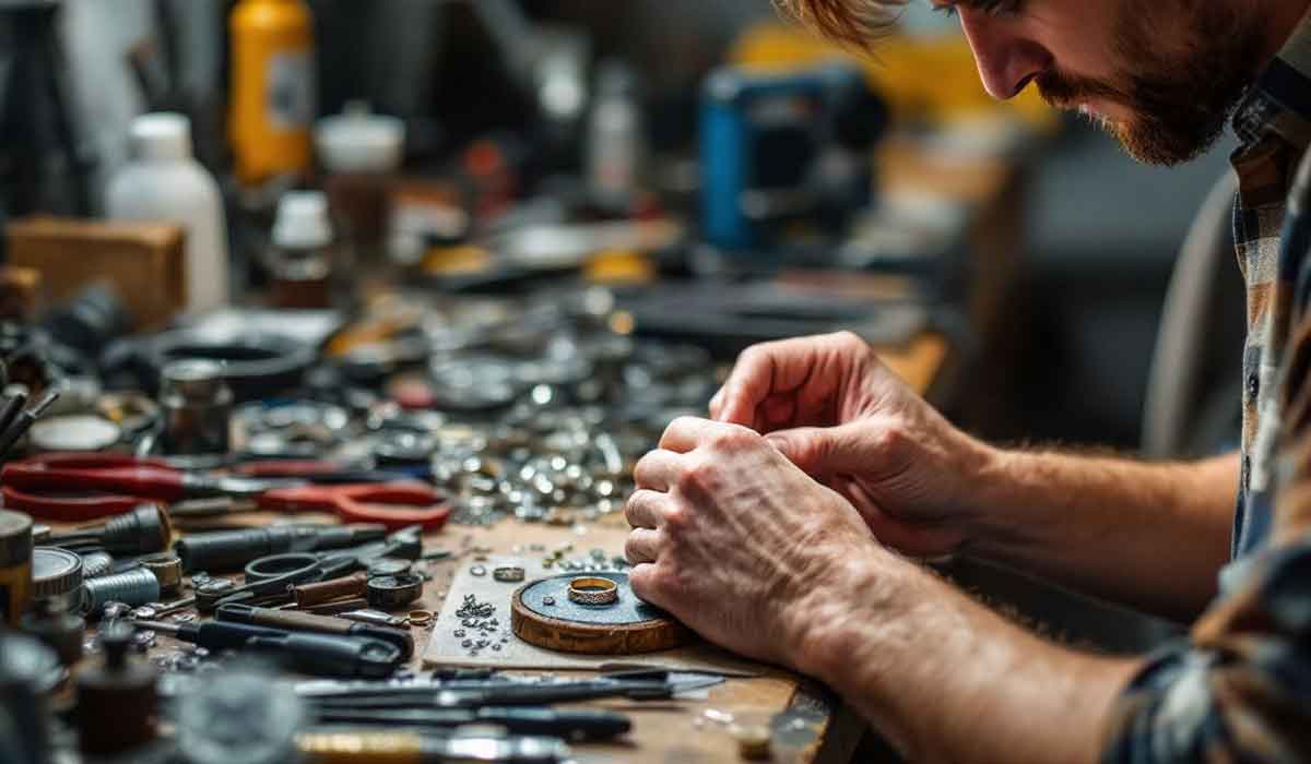 A person works with small mechanical parts and tools at a cluttered workbench, focusing intently on assembling or repairing a device.