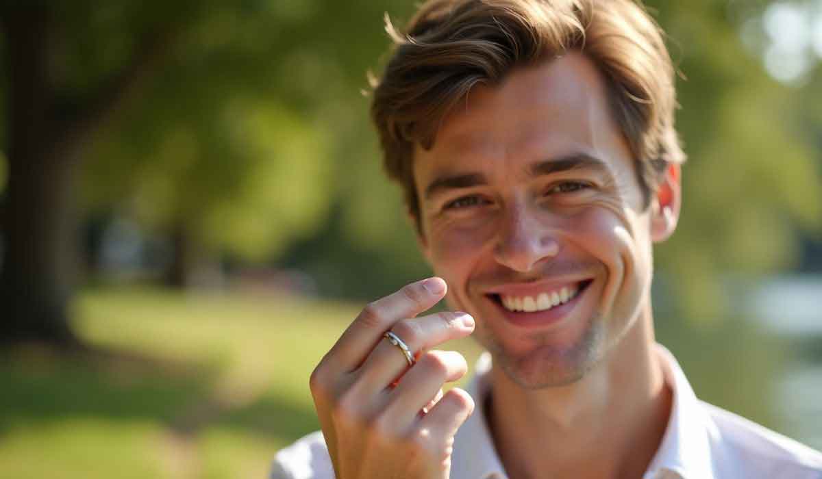 A man outdoors smiles while holding a small object between his fingers. Trees and grass are in the blurred background.