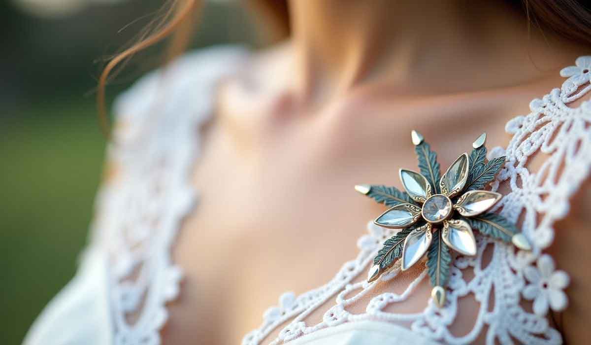 A woman wearing a white lace dress with a large, flower-shaped brooch pinned near her shoulder.