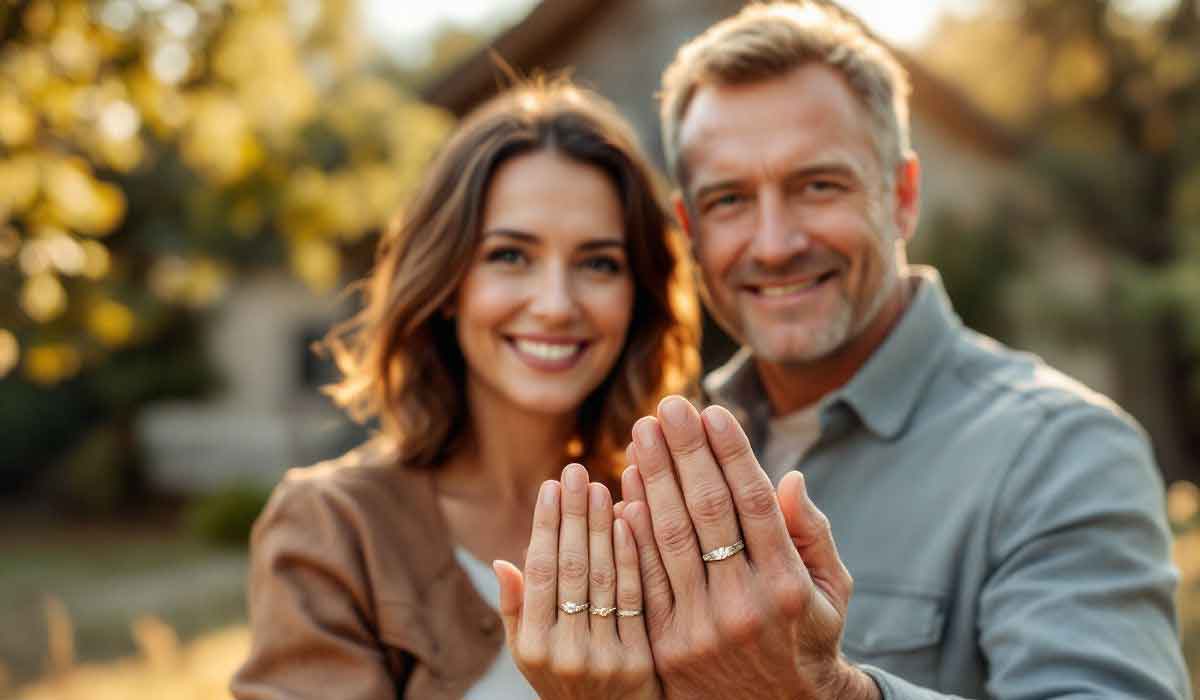 A smiling couple stands outdoors, holding up their hands to display matching rings to the camera.