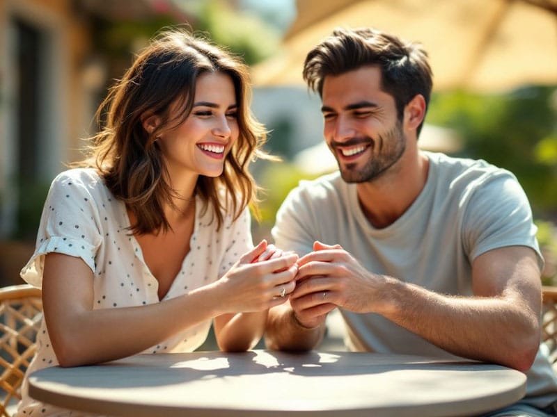 A woman and a man sit at an outdoor table, holding hands and smiling at each other on a sunny day.