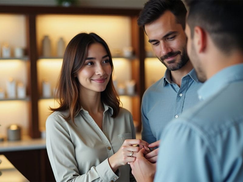 Three people stand together indoors. A woman places a ring on a man’s finger while another man looks on. All appear to be in a modern, well-lit room with shelves in the background.