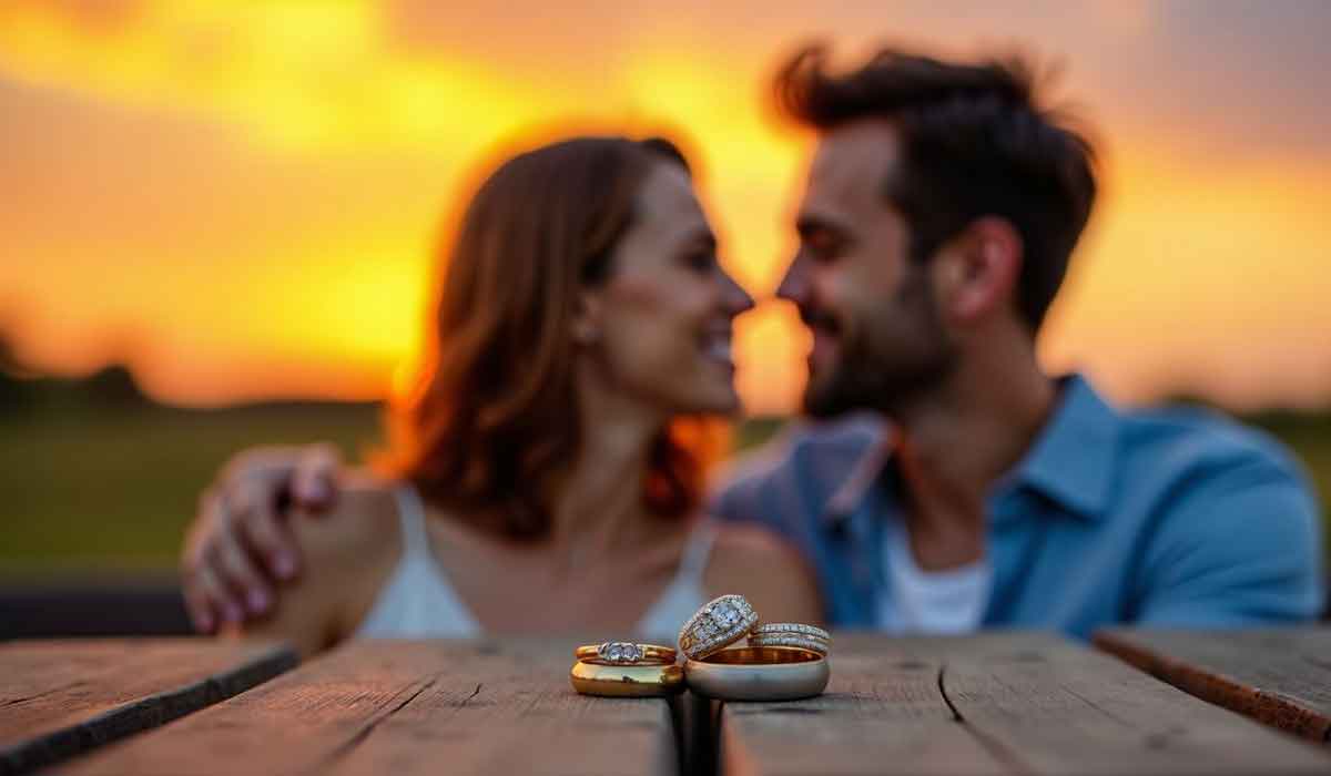 Two rings rest on a wooden surface in sharp focus, while a smiling couple with arms around each other sit blurred in the background at sunset.