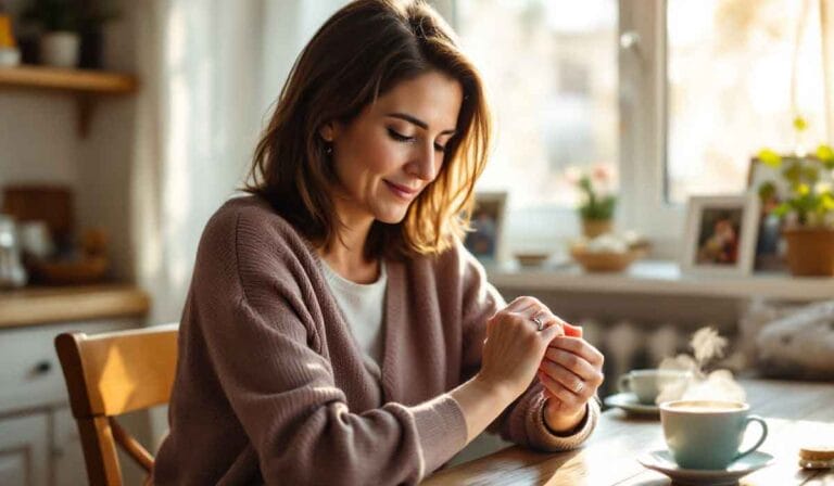 Woman sitting at a kitchen table, looking at her hands and smiling, with a cup of coffee and framed photos visible in the background.