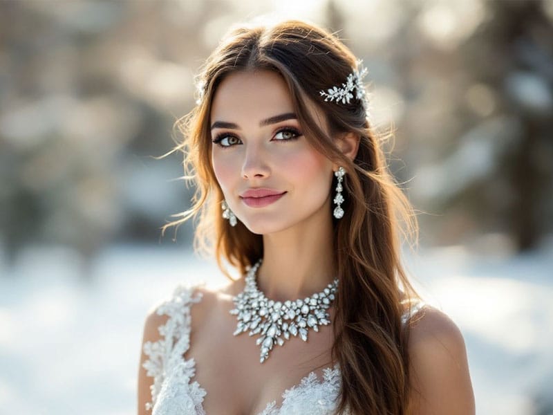A woman in a white lace dress and jeweled necklace poses outdoors, wearing pearl earrings and hair accessories, with a soft-focus snowy background.