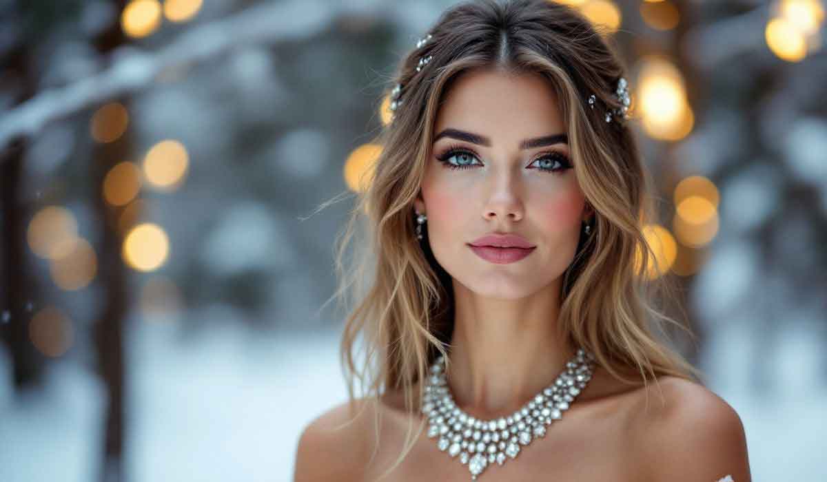 Woman with wavy hair, pearl necklace, and decorative hairpieces stands outdoors in a snowy forest with blurred lights in the background.