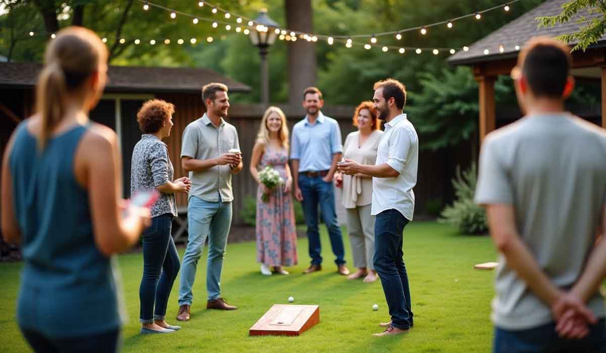 A group of adults stands and talks in a backyard, with string lights overhead and a cornhole game on the grass.