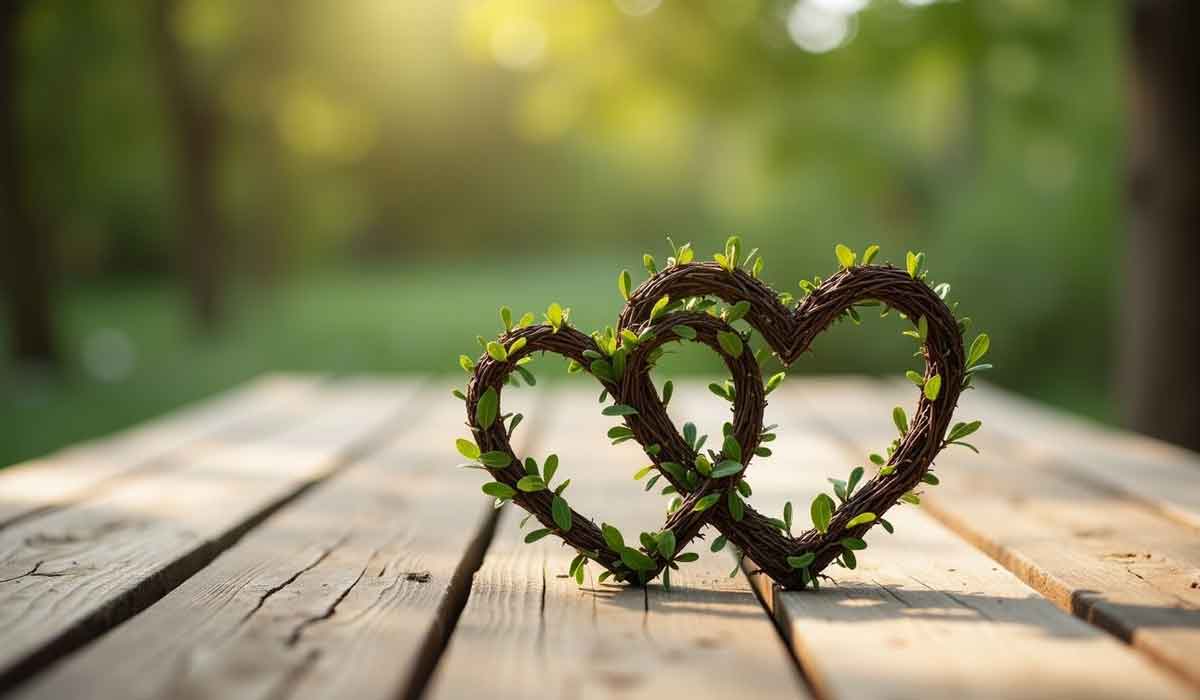 Two intertwined heart-shaped wreaths made of twigs and leaves sit on a wooden table outdoors, with greenery and sunlight in the blurred background.