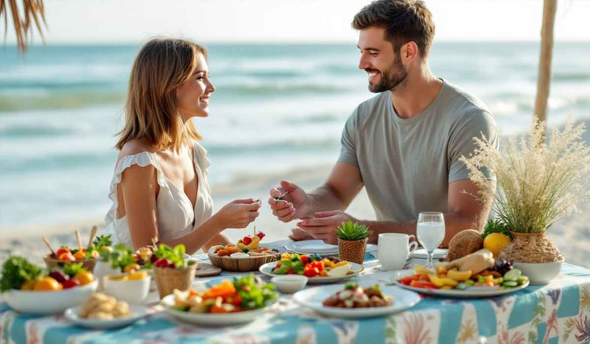 A man and woman sit at a table on the beach, sharing a meal with various dishes and fruits, with the ocean in the background.