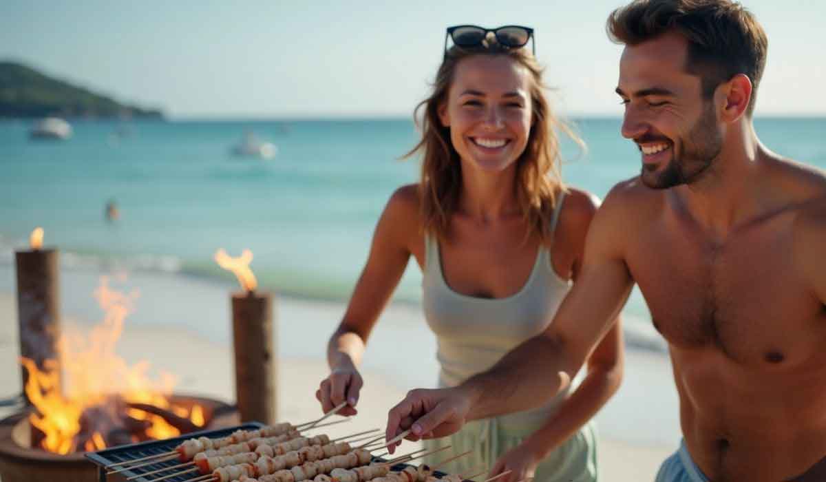 Two people cook skewers on a grill at the beach, smiling, with a firepit and the sea in the background on a sunny day.