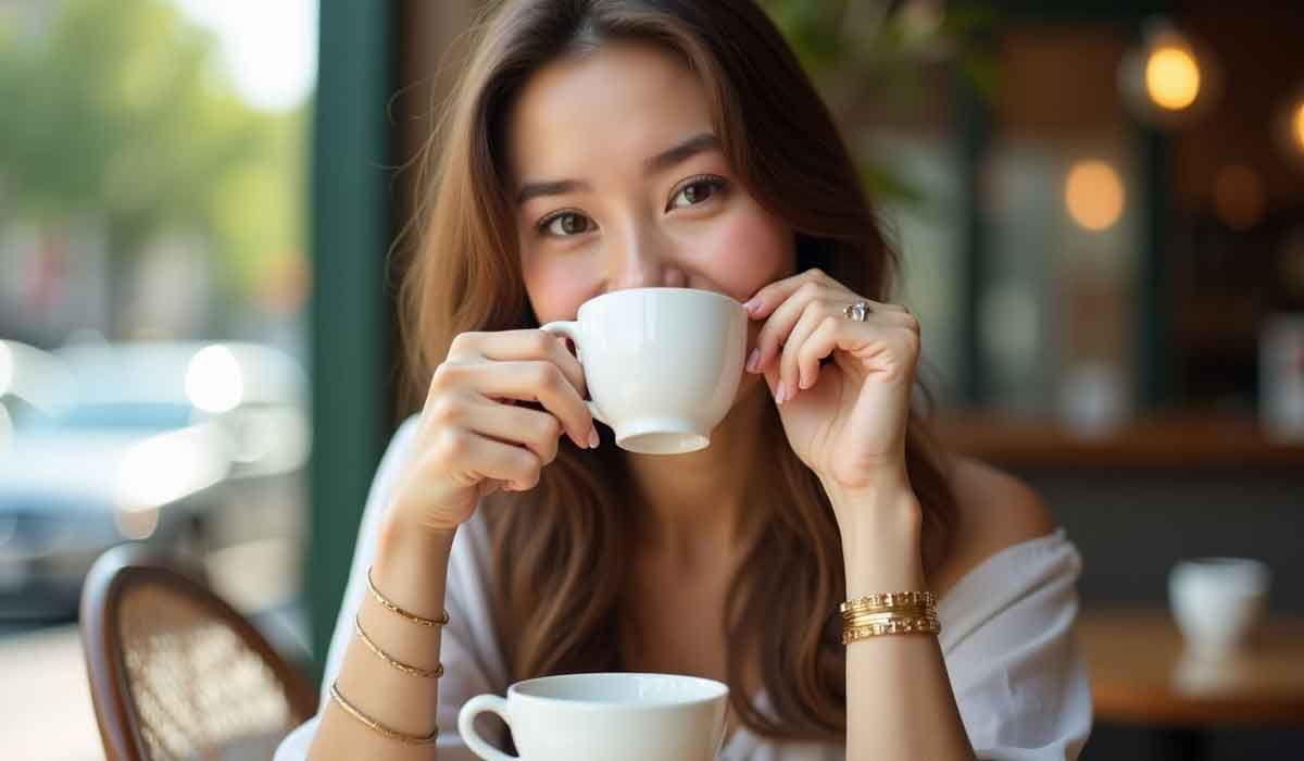 A woman sitting at a café table holds a white cup near her face and smiles, with another cup placed in front of her.