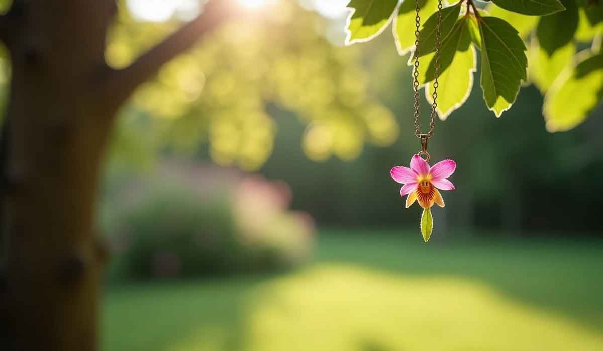 A pink flower pendant hangs from a chain on a tree branch, with sunlight filtering through green leaves and a blurred garden in the background.