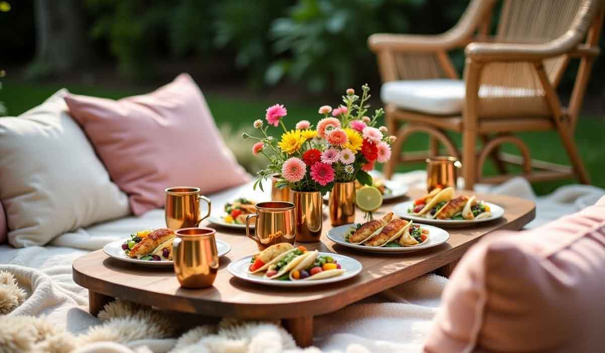 Outdoor picnic setup with plates of food, gold cups, a flower arrangement, pillows, and a chair on a blanket, surrounded by greenery.