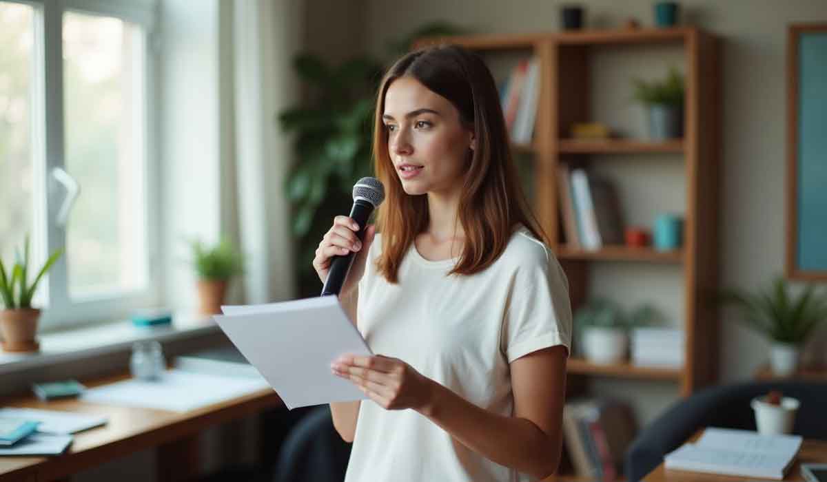 A woman holding a microphone and reading from a sheet of paper stands in a room with shelves, books, and potted plants.