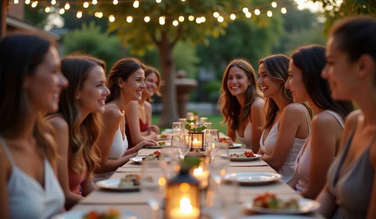 Eight women sit at an outdoor dining table decorated with candles and string lights, enjoying a meal together in a garden setting during the evening.