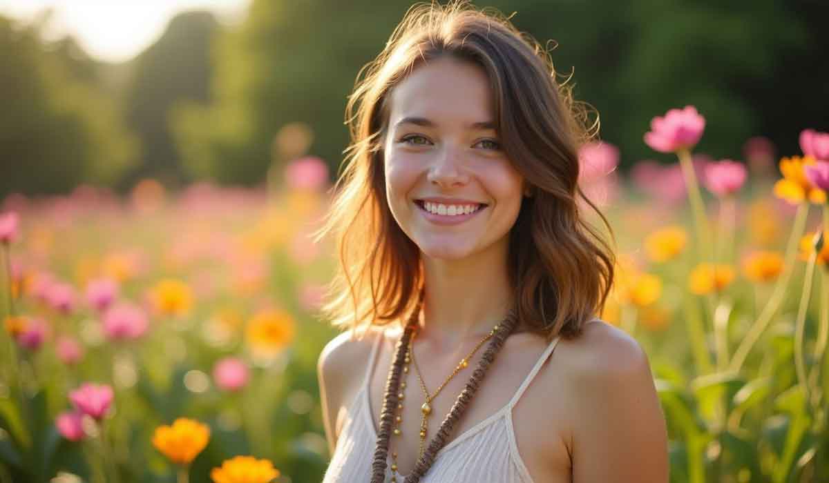 Young woman with shoulder-length brown hair smiles while standing in a field of colorful flowers on a sunny day, wearing a light tank top and layered necklaces.