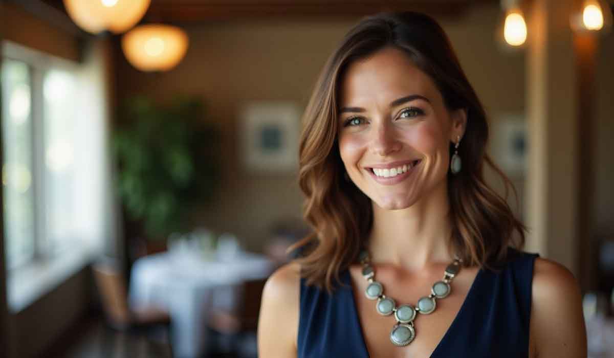 A woman with shoulder-length brown hair, wearing a navy dress and necklace, smiles indoors with blurred lights and a table in the background.