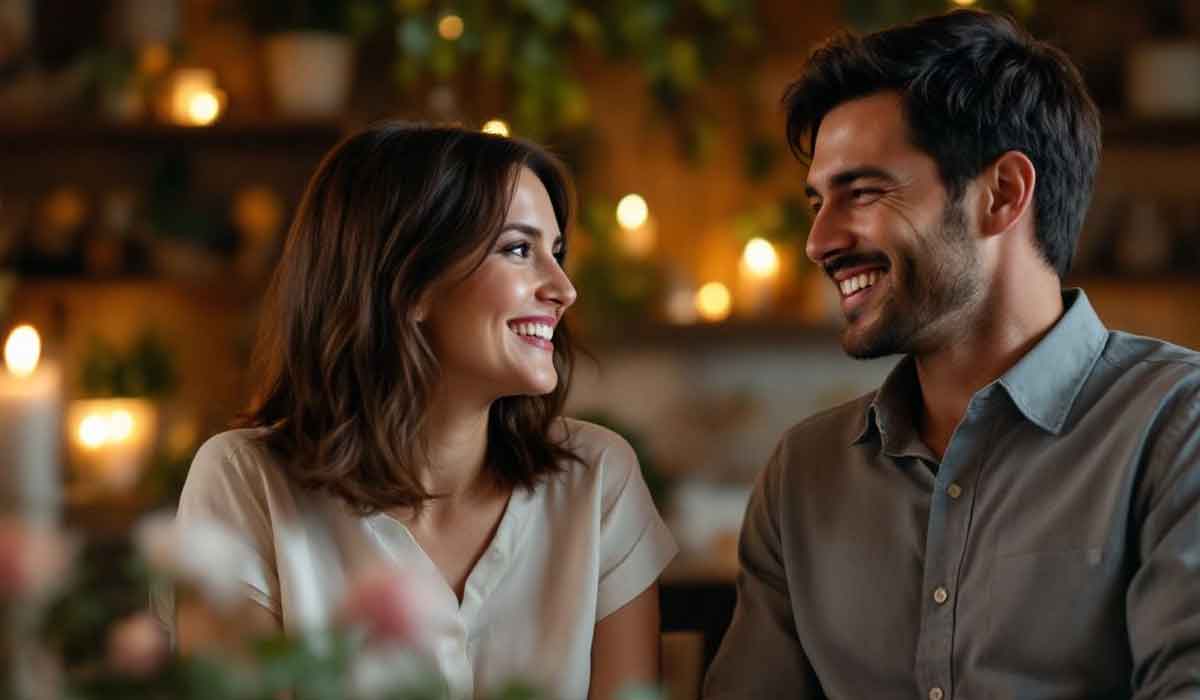 A woman and a man sit together indoors, smiling at each other in a warmly lit setting with blurred plants and candles in the background.
