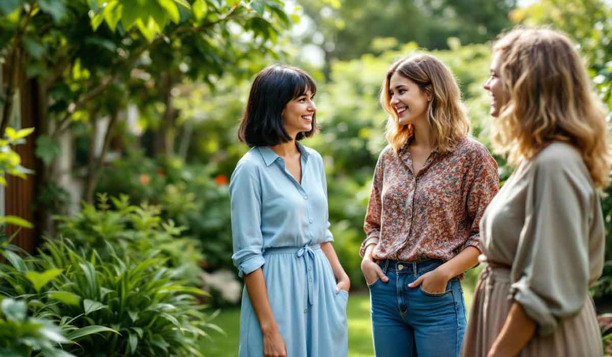 Three women stand outdoors in a garden, talking and smiling, surrounded by greenery and sunlight.