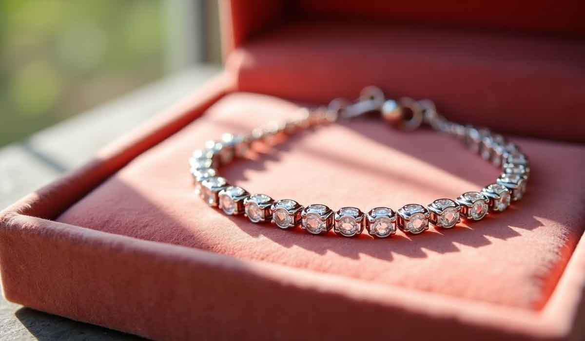 A silver bracelet with clear gemstones is displayed in an open, red velvet jewelry box.