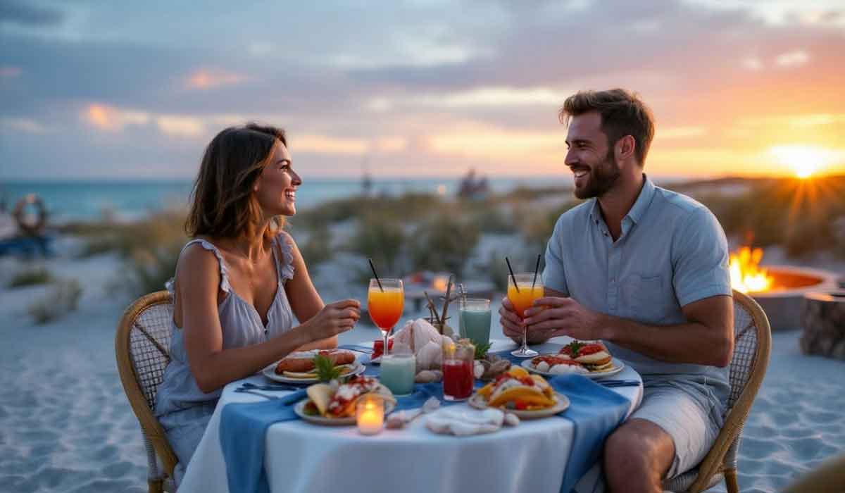 A man and woman sit at a table on a beach at sunset, enjoying drinks and a meal together with a fire pit and ocean in the background.