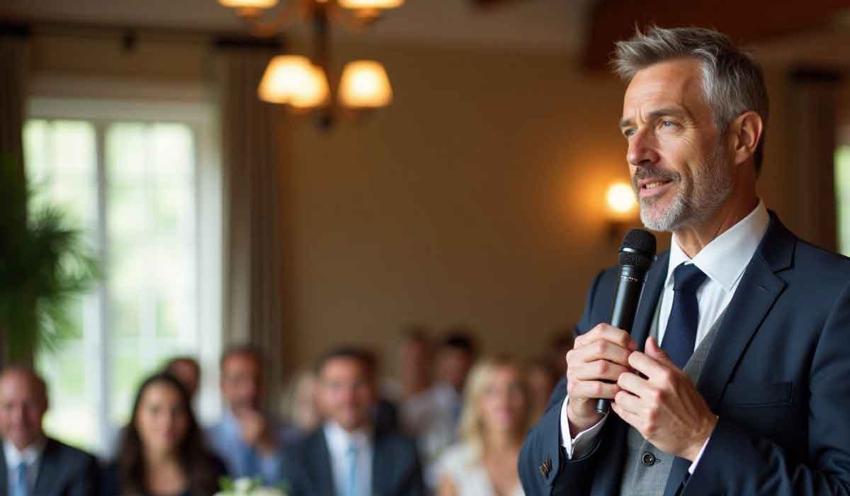 A man in a suit speaks into a microphone to an audience in a well-lit room with large windows and blurred attendees in the background.