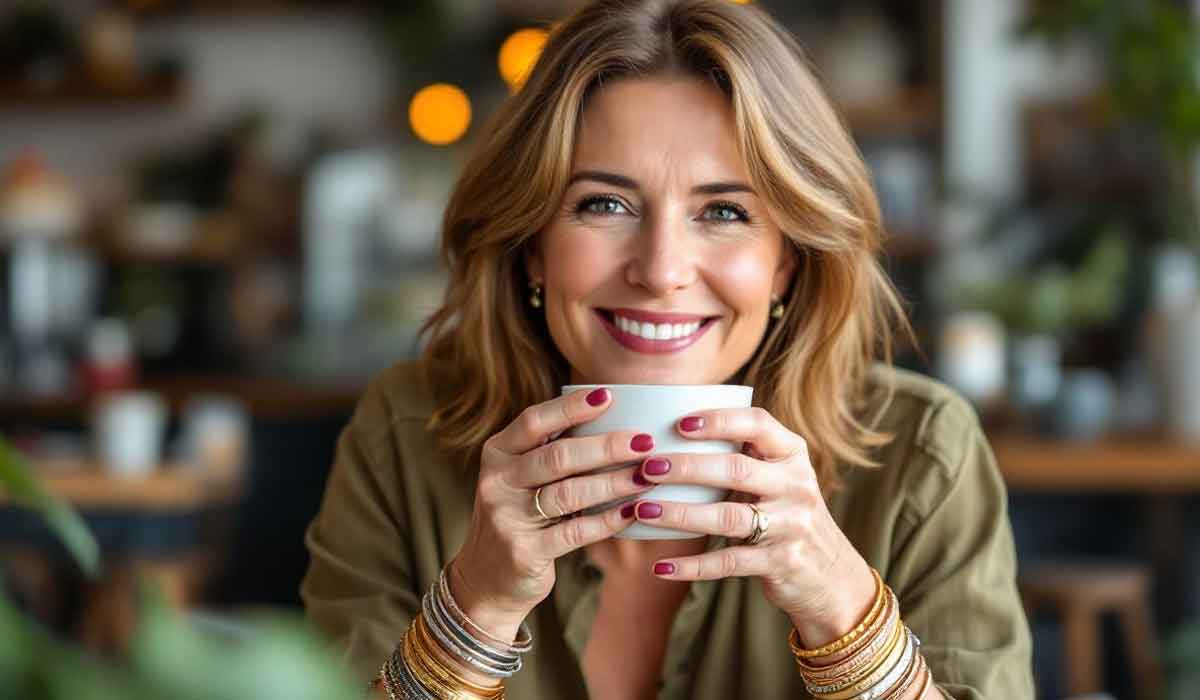 Woman with shoulder-length hair, wearing an olive shirt and bracelets, smiles while holding a white mug in a cozy, softly lit cafe.