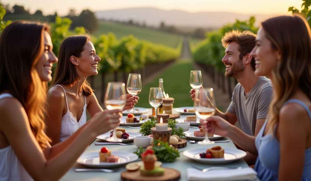 Four people sit at an outdoor table in a vineyard, holding wine glasses and smiling, with plates of food and desserts in front of them at sunset.