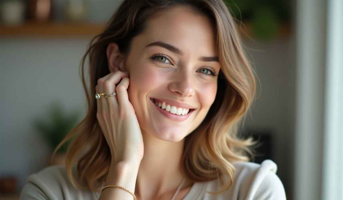 A woman with shoulder-length hair smiles at the camera, touching her face with one hand. She wears a light top, rings, and a bracelet. The background is softly blurred with plants visible.