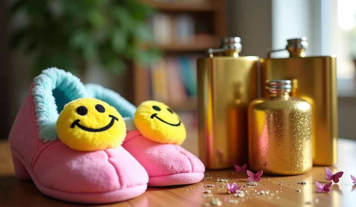 Pink slippers with yellow smiley faces are placed on a wooden surface beside two gold flasks and a gold bottle, with small pink flowers scattered nearby.
