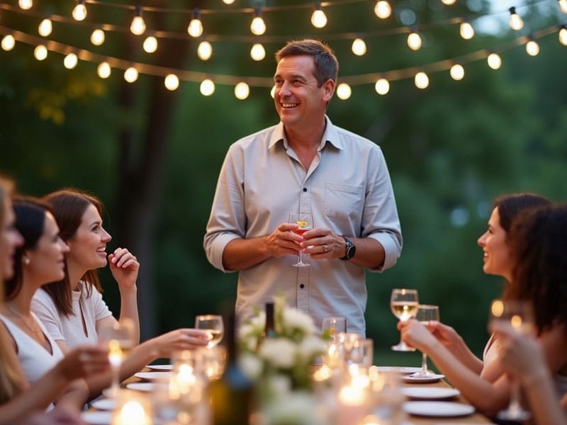 A man stands holding a wine glass and smiles while talking to seated guests at an outdoor dinner with string lights overhead.