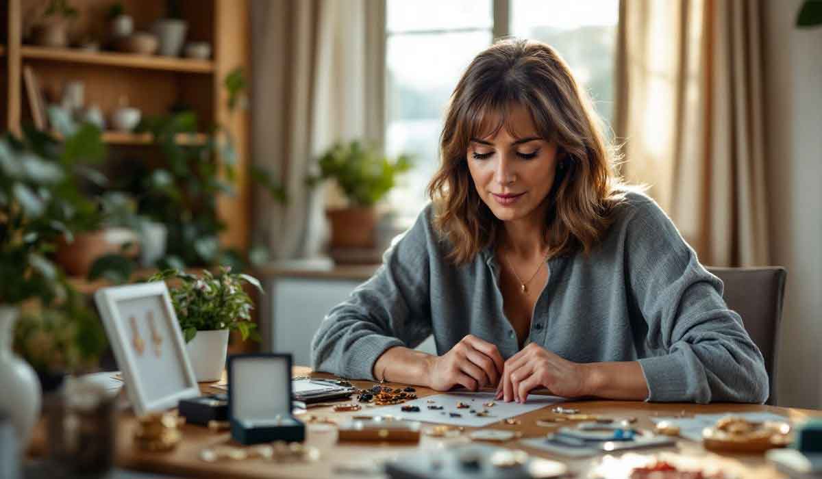 Woman sitting at a table sorting jewelry pieces, with tools and a jewelry box nearby, in a well-lit room with plants and shelves in the background.