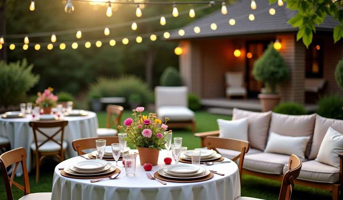 Round tables with white tablecloths and floral centerpieces set for an outdoor dinner; string lights and cushioned seating in a garden setting.
