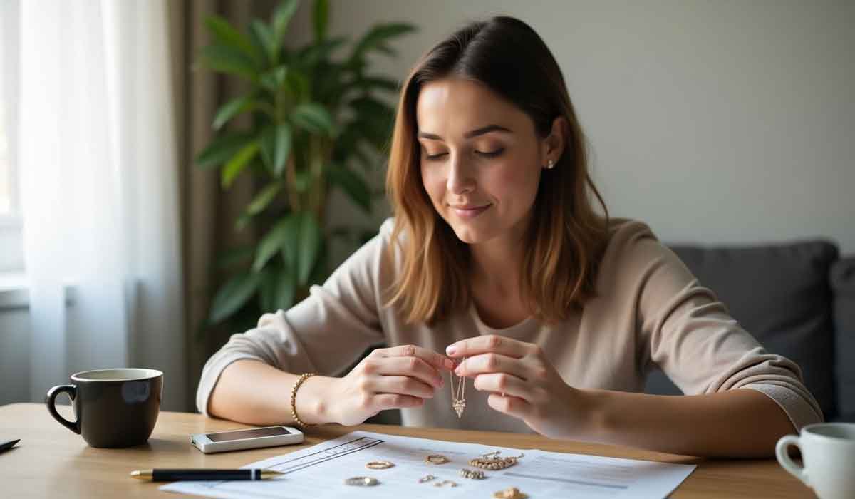 A woman sits at a table examining jewelry pieces, with papers, a pencil, two coffee cups, and a smartphone also on the table. A plant and a couch are in the background.