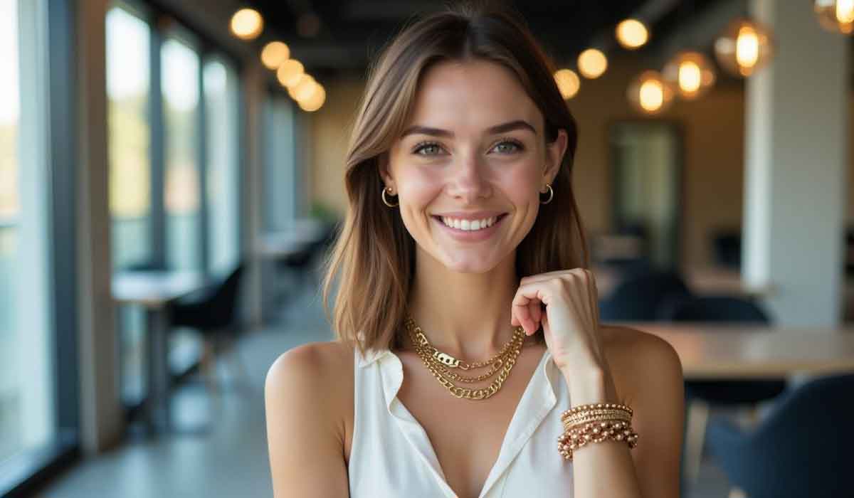 A woman with shoulder-length brown hair, wearing a white sleeveless top and gold jewelry, smiles while standing in a well-lit modern cafe or office space.