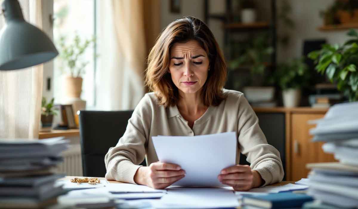 A woman sits at a cluttered desk, reading paperwork with a concerned expression, surrounded by stacks of documents in a home office.