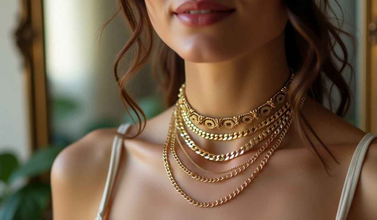 Woman wearing multiple layered gold chain necklaces and a cream-colored top, shown from shoulders to chin, with blurred background.