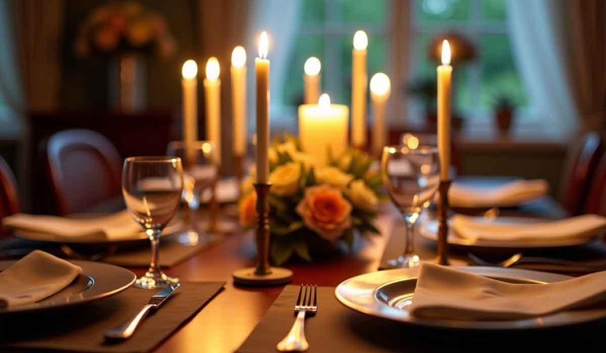 A dining table set with plates, napkins, glasses, and cutlery, decorated with lit candles and a floral centerpiece in a softly lit room.