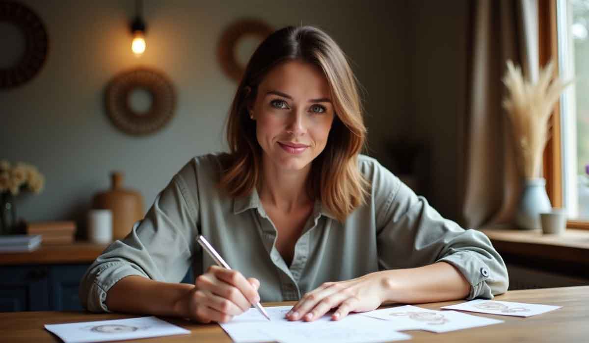 Woman sitting at a desk, drawing on paper with a pen, surrounded by sketches, in a softly lit room with a window and decorative wall accents.