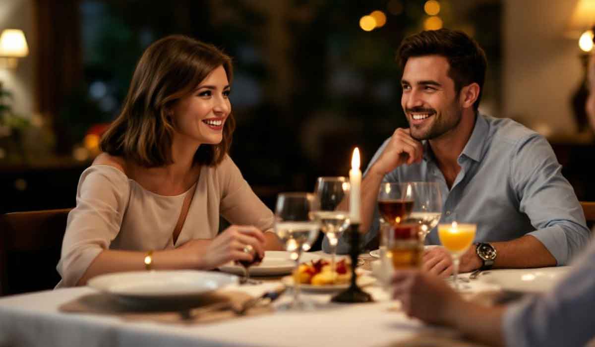 A man and woman sit across from each other at a candlelit restaurant table, smiling and enjoying drinks with plates of food in front of them.