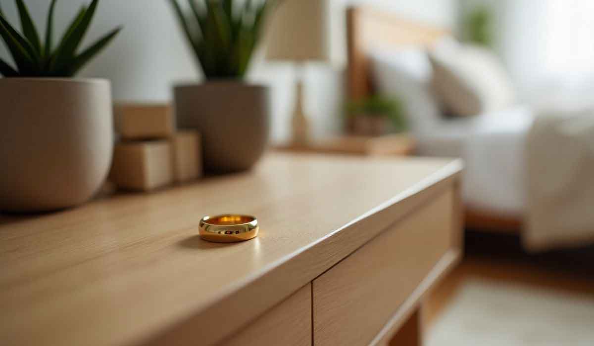 A gold ring rests on a wooden dresser in a bedroom, with potted plants and a blurred bed in the background.