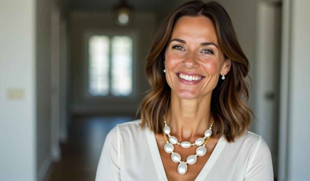 Woman with shoulder-length brown hair, wearing a white blouse and pearl necklace, smiling in a bright, modern interior hallway.