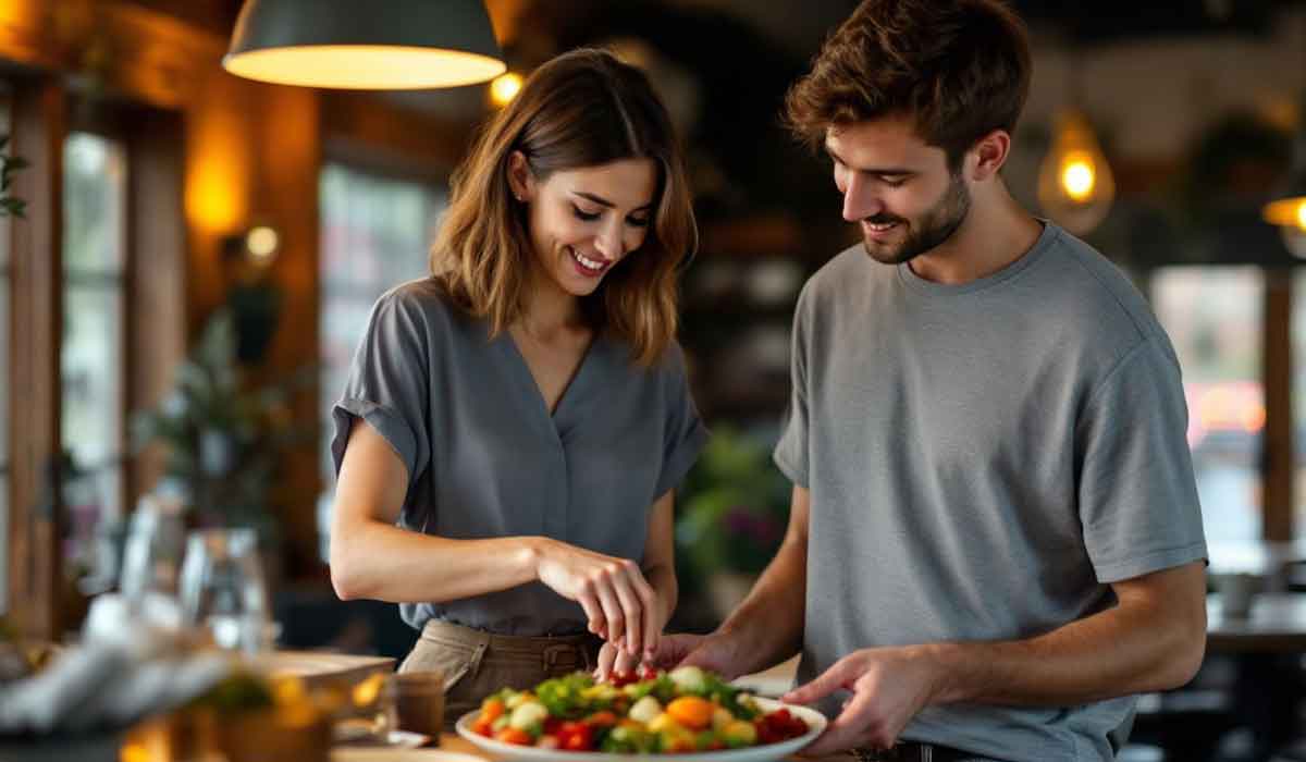 Two people in a cozy, warmly lit kitchen prepare a fresh salad together, smiling and arranging vegetables on a plate.