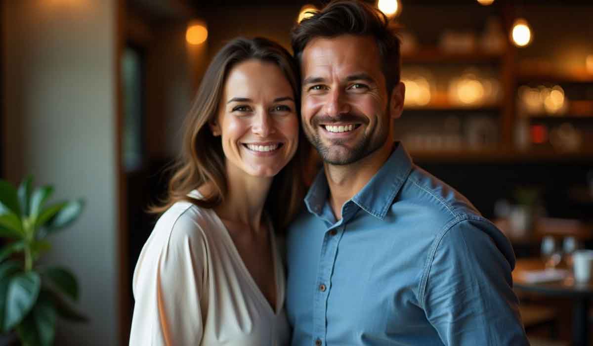 A woman and a man stand close together indoors, smiling at the camera with shelves and warm lighting in the background.
