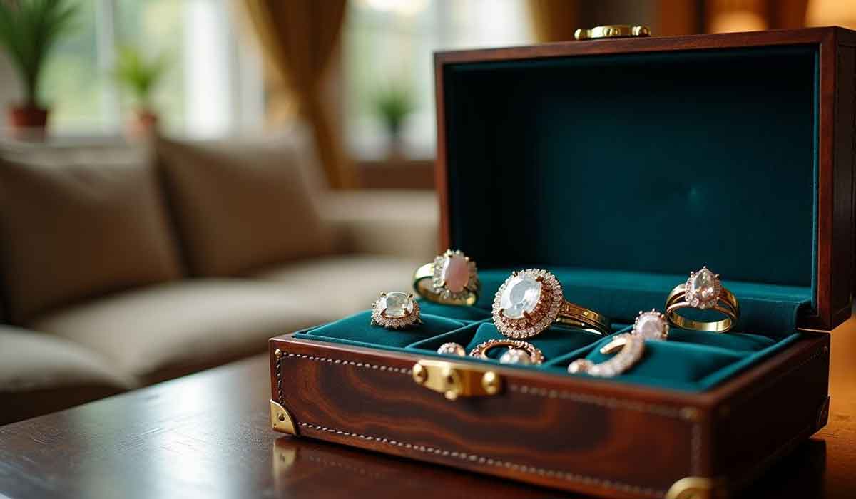 A wooden jewelry box with a blue interior holds several rings decorated with large gemstones, displayed on a table in a living room.