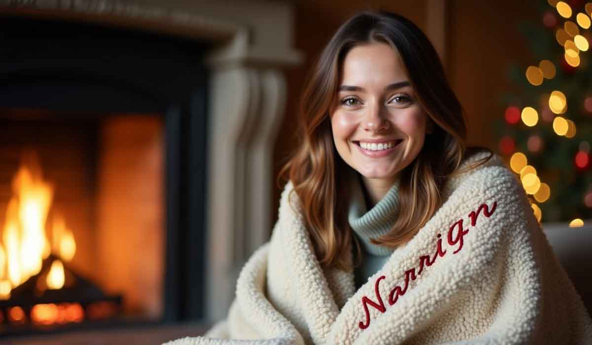 A woman smiles while wrapped in a fleece blanket with “Narrign” embroidered on it, sitting by a lit fireplace with a decorated Christmas tree in the background.