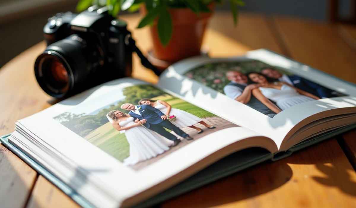 An open photo album showing wedding photos on a wooden table with a camera and a small potted plant in the background.