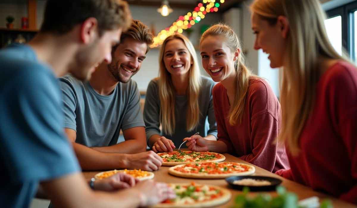 Five people sit around a table, smiling and talking while making pizzas together, with bowls of toppings and string lights in the background.