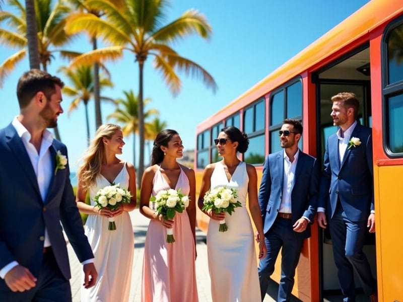 A wedding party in formal attire stands by an orange bus, holding bouquets and smiling, with palm trees and blue sky in the background.