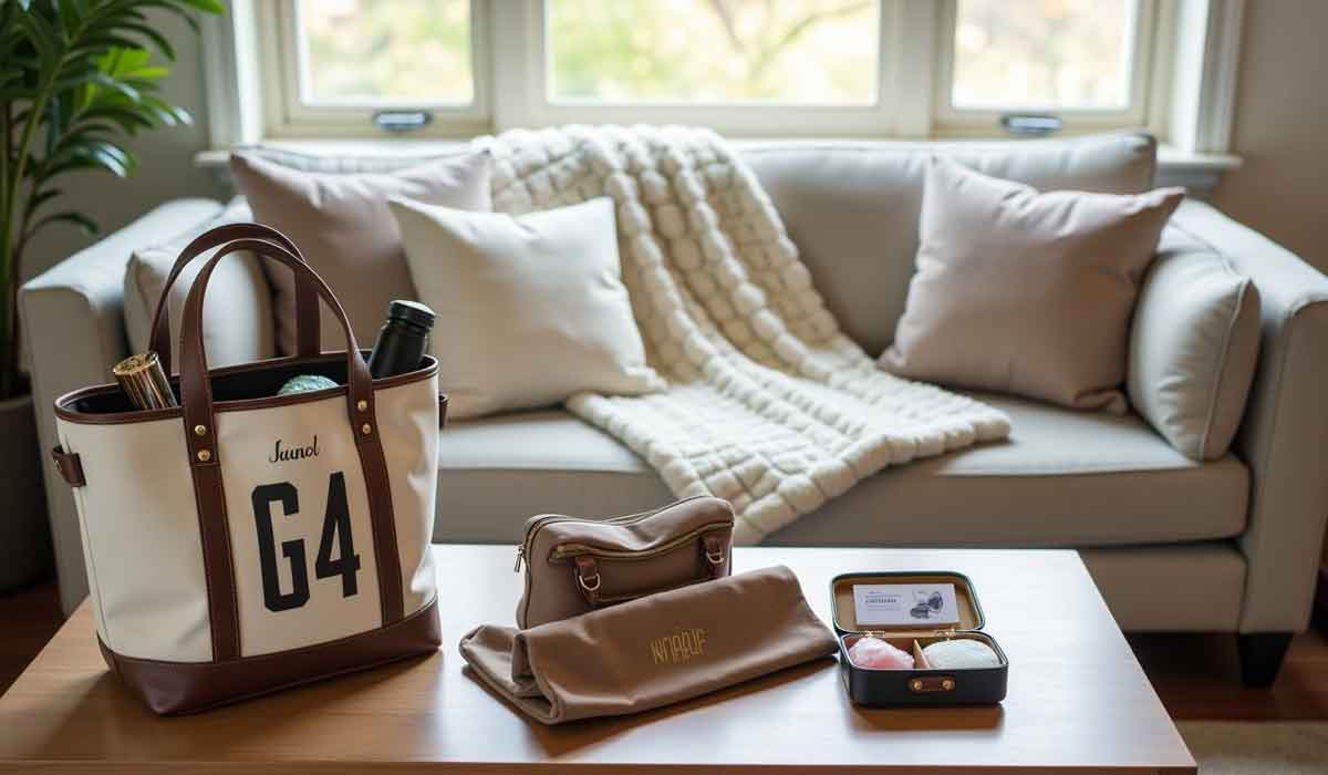 A canvas tote bag, cosmetic pouch, folded blanket, and small box are on a coffee table in front of a light-colored sofa with pillows and a textured throw.